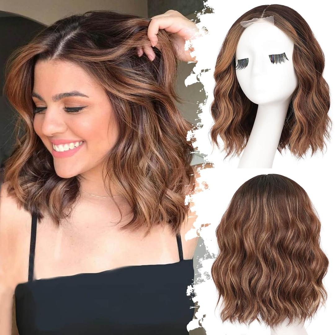 Eawwii Brown Highlight Short Wavy Wig for Women Lace Hairline Bob Style Synthetic Heat Resistant - Natural Appearance for Everyday Hairstyle 14 Inch