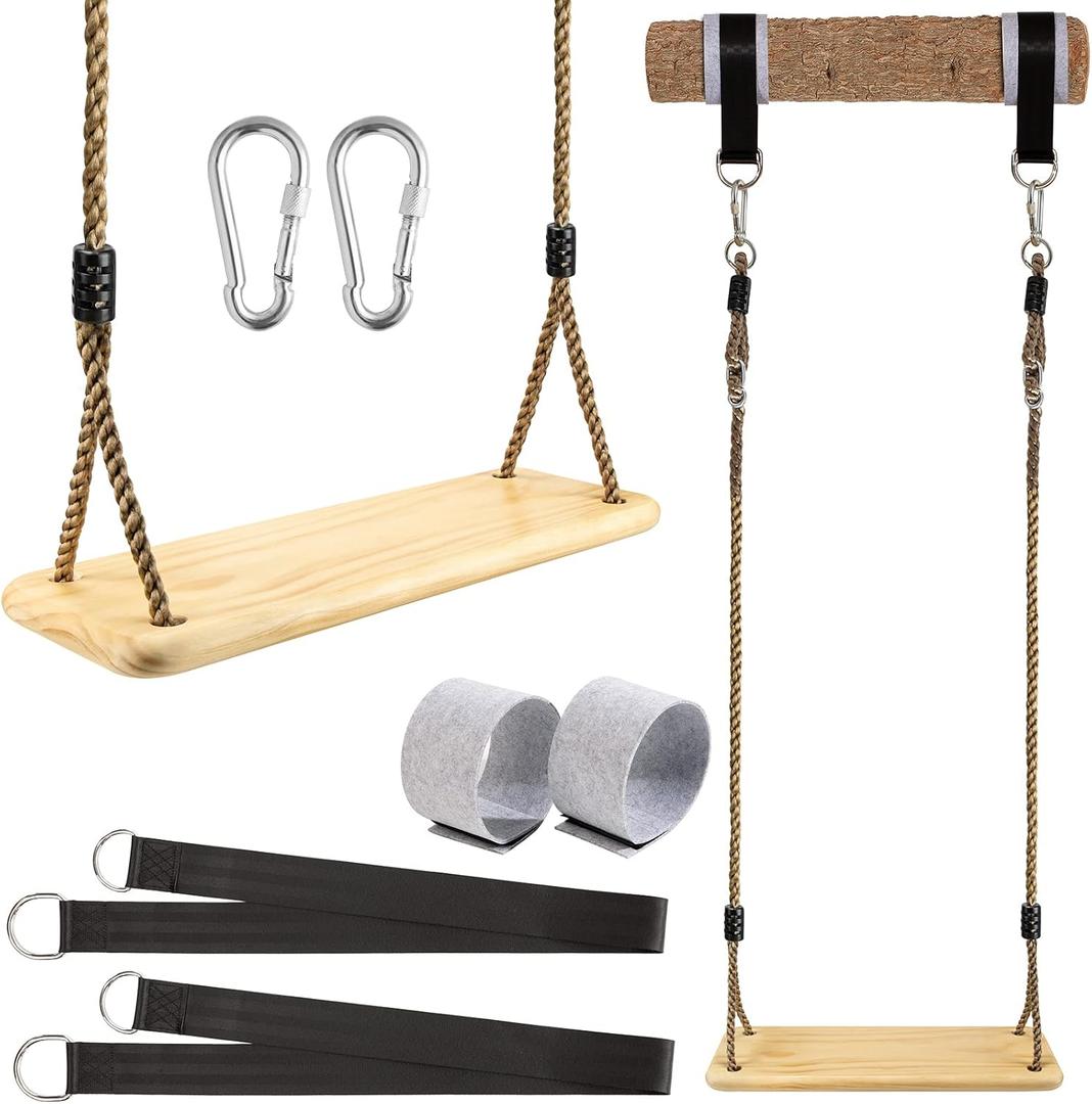 Wooden Swing Hanging Tree Swings, Wood Swings Seat 19.7 * 9.8in to Kids Children with Adjustable Rope Plus Tree Straps for Backyard, Playground, Porch, Patio, Garden, Park or Home