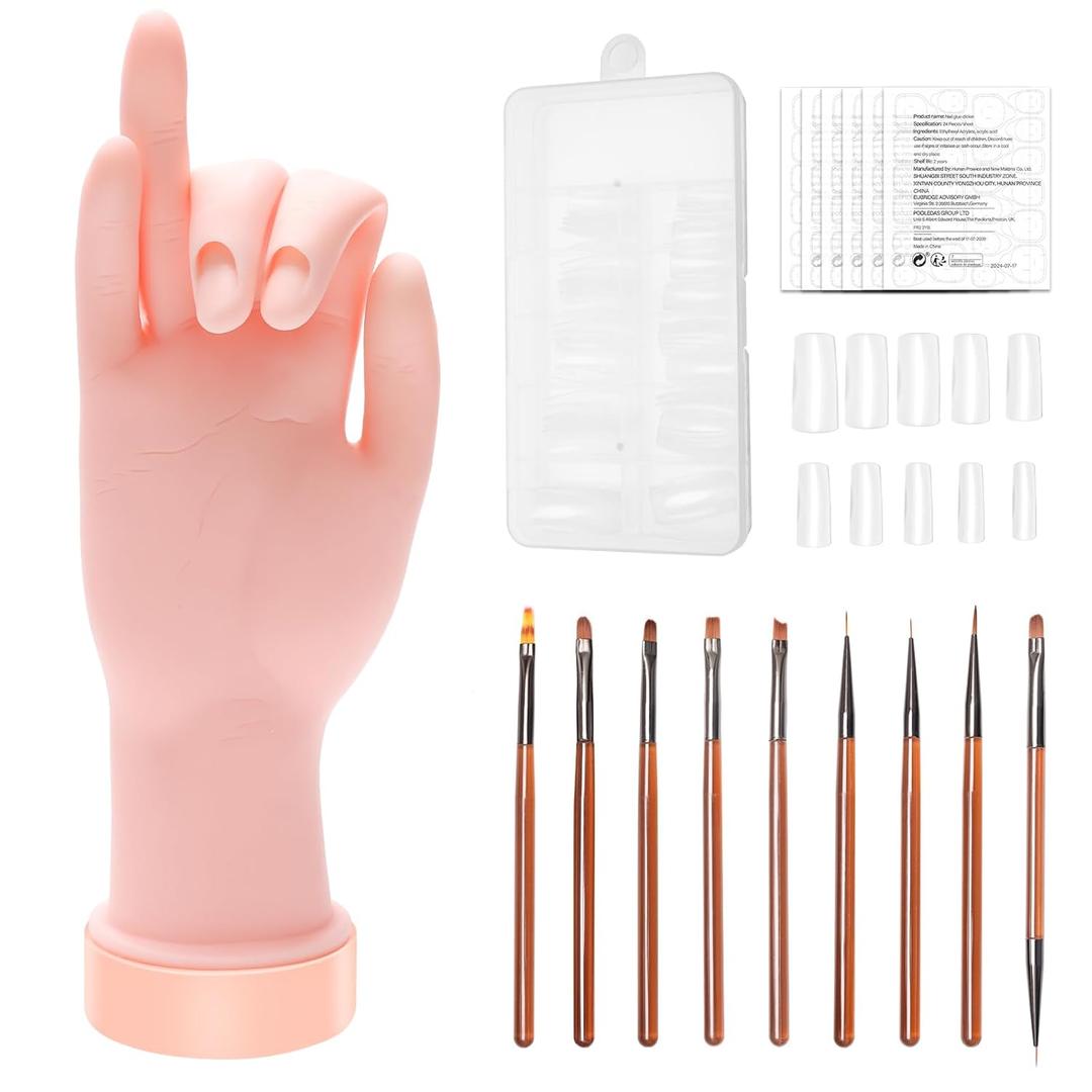 Practice Hand for Acrylic Nails Flexible Bending Nail Practice Hand Training Fake Hand Nail Hand Practice Tools with 100PCS Nail Tips, 120PCS Jelly Double Sided Nail Adhesives and 9PCS Brush