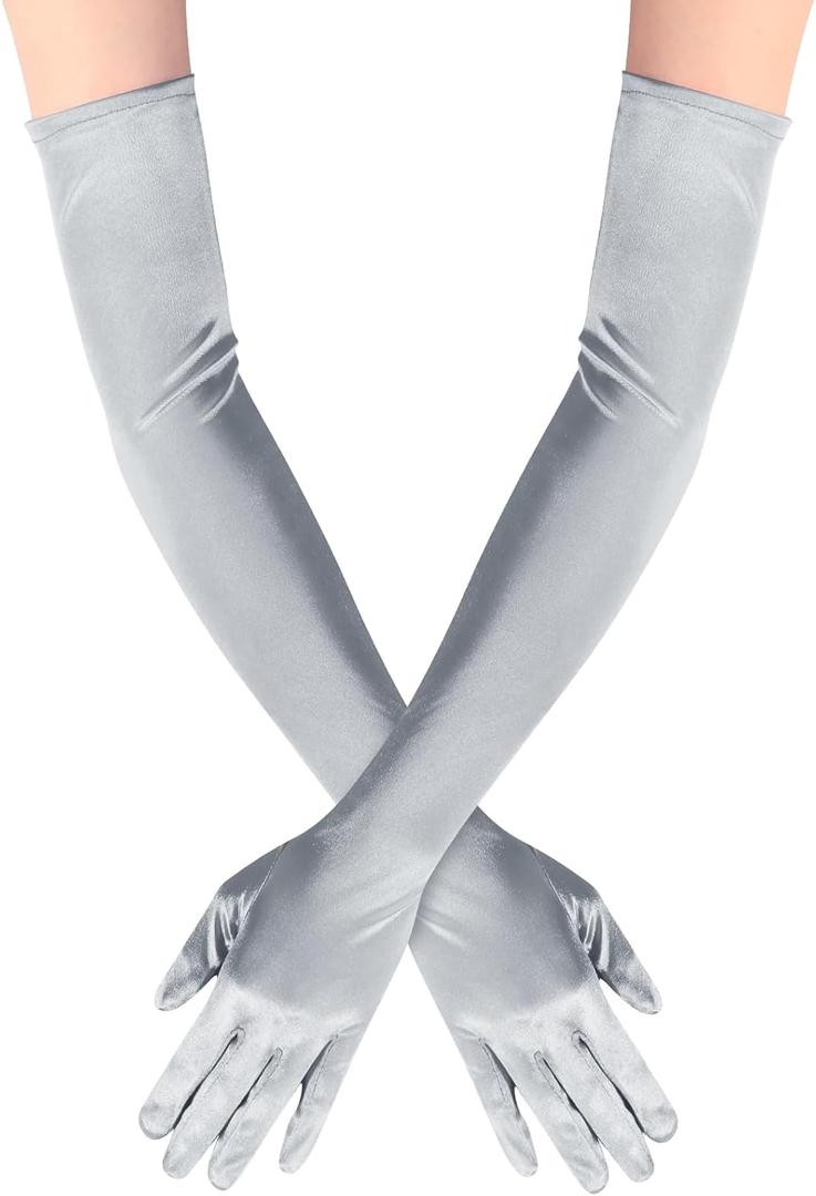 Lansian Long Opera Party Gloves for Women 1920s 20s Satin Gloves Costumes Elbow Length Bridal Evening Dress, 21 inches (Silver)