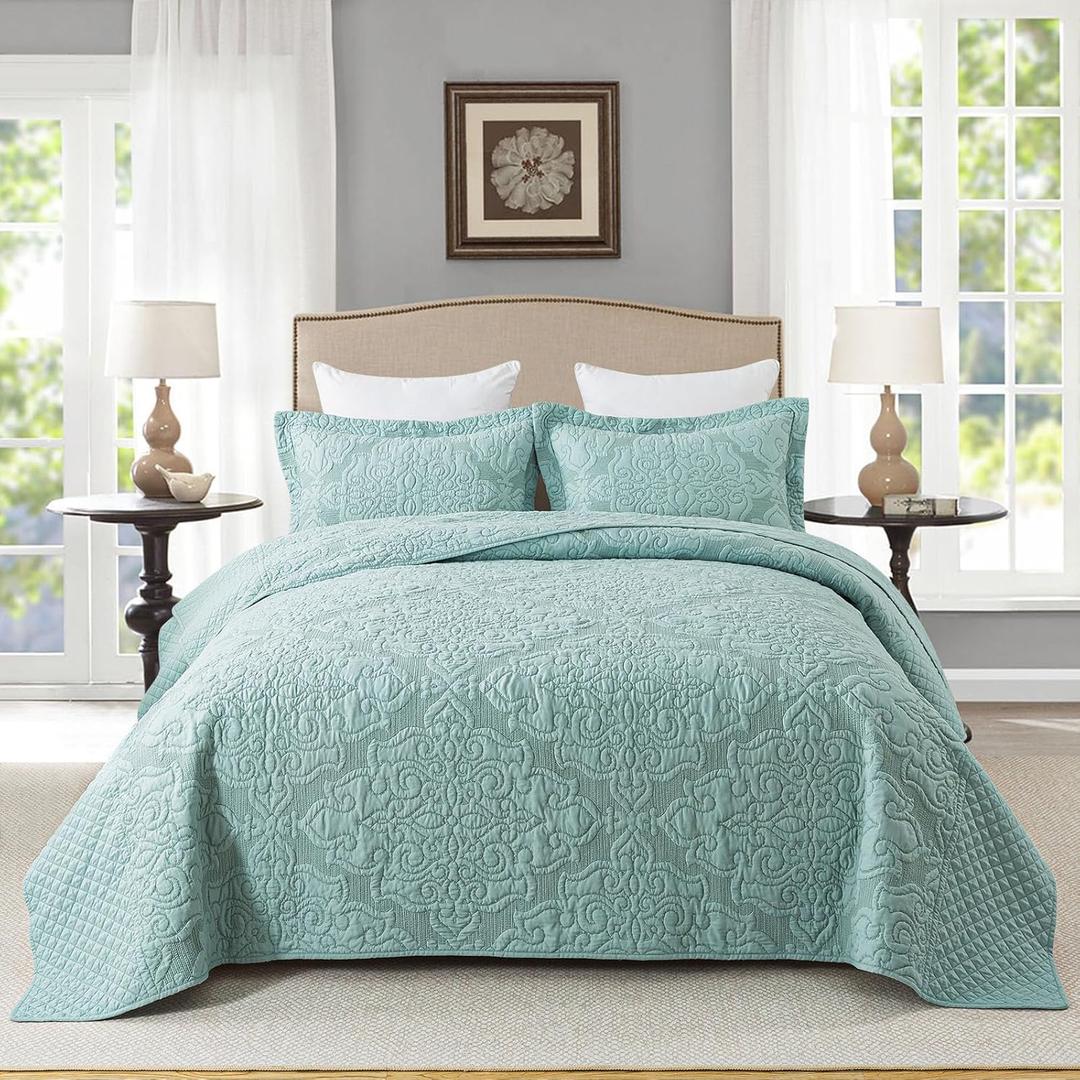 Travan 3-Piece King Quilt Set Quilted Bedspread Oversized Microfiber Lightweight Bedspread Coverlet Set with Shams Bedding Set for All Season, Blue, King