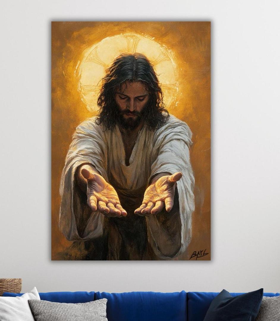 Framed Jesus Canvas Wall Art Jesus Gold Halo Wall Decor Picture Christian Poster Painting Decoration Unique Print Wall Decor Living Room Bedroom Church Home Decor 16x24 Inch Ready to Hang