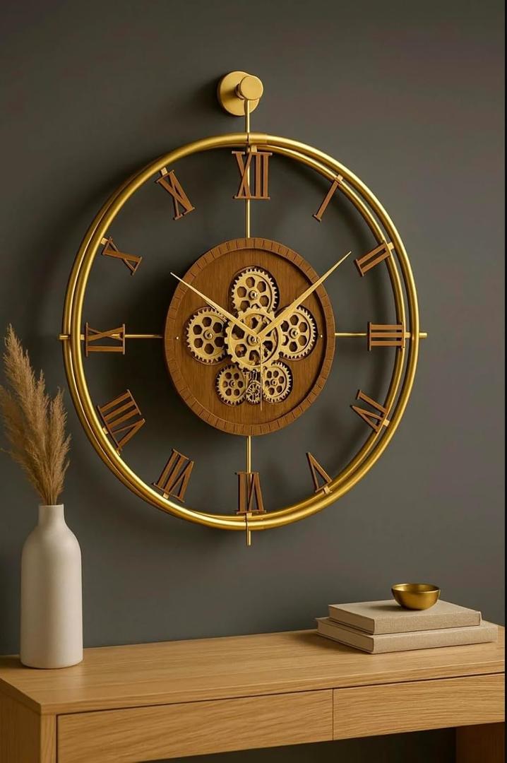 Large Moving Gear Wall Clock Luxury Metal Ring Roman Numeral Silent Decorative Clock for Living Room Bedroom Office, Modern Industrial Open Face Design (Gold- Wood)