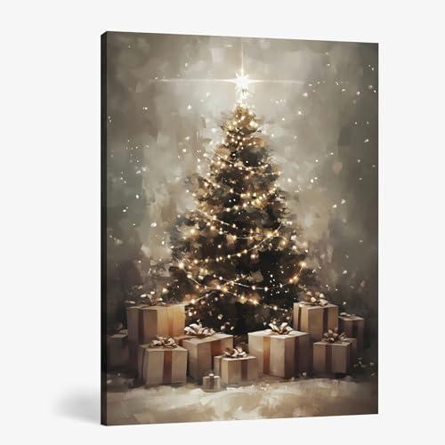 FISWAFY Vintage Christmas Canvas Wall Art Prints, Snowy Christmas Tree Wall Art, Christmas Wall Decorations, Christmas Poster Pictures Wall Decor for Home Office, 11x14 Inch Framed