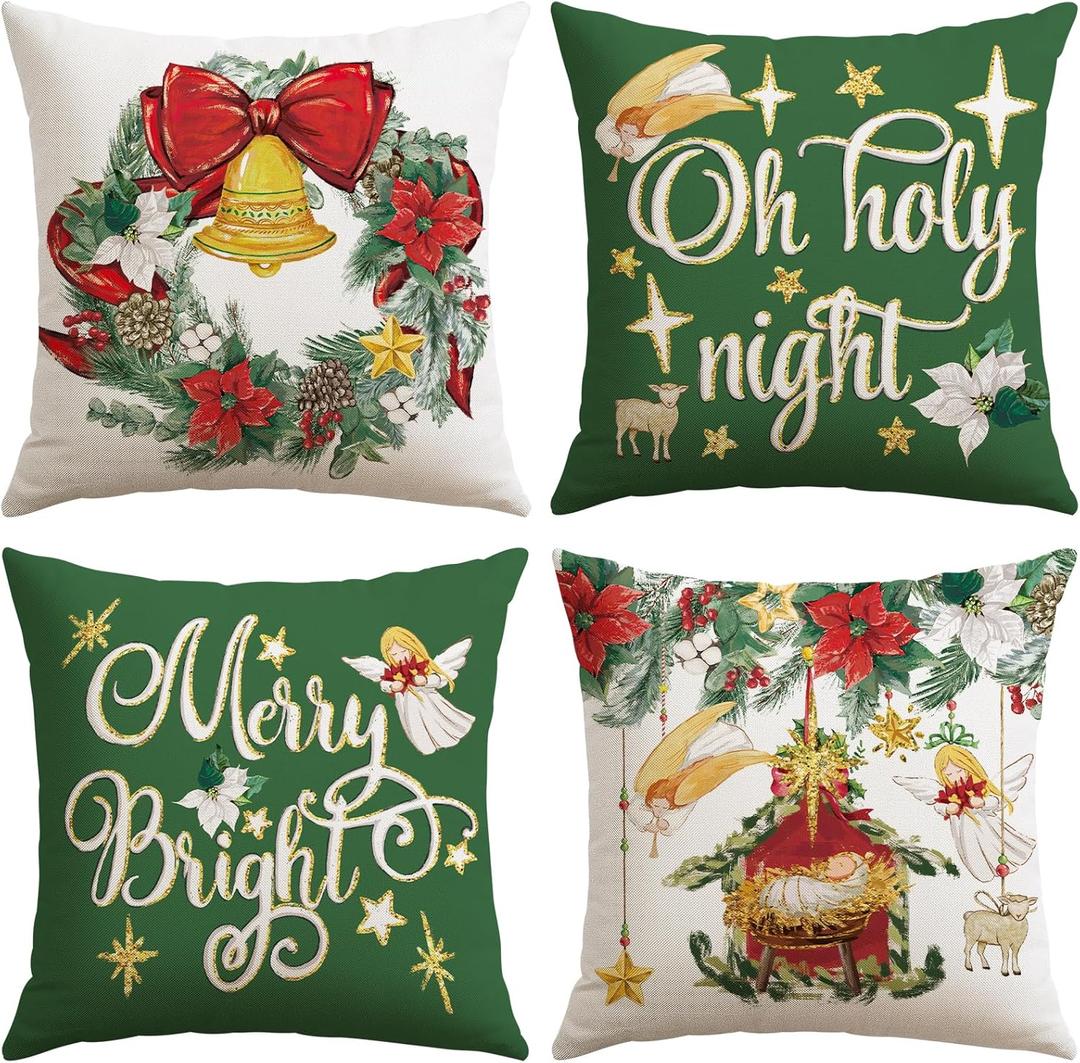 2 x Artscope Christmas Oh Holy Night Merry Bright Jesus Wreath Throw Pillow Covers 20x20 Inch Set of 4, Winter Hoilday Christmas Decoration Pillow Cases for Home Sofa Couch Decor-Green