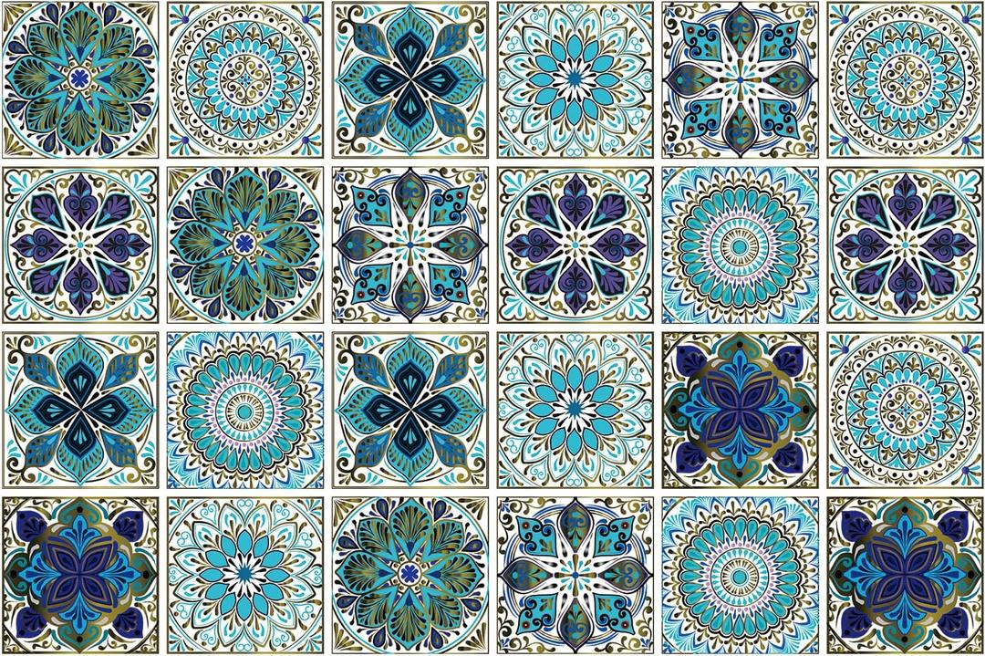 24Pcs Peel and Stick Tile Stickers, 4x4 Bathroom & Kitchen Backsplash Tile Decals Waterproof Self-Adhesive Square Vinyl Wall Decals Mandala Style Wall Decor (Best When adhered to Tiles (Ts-104)