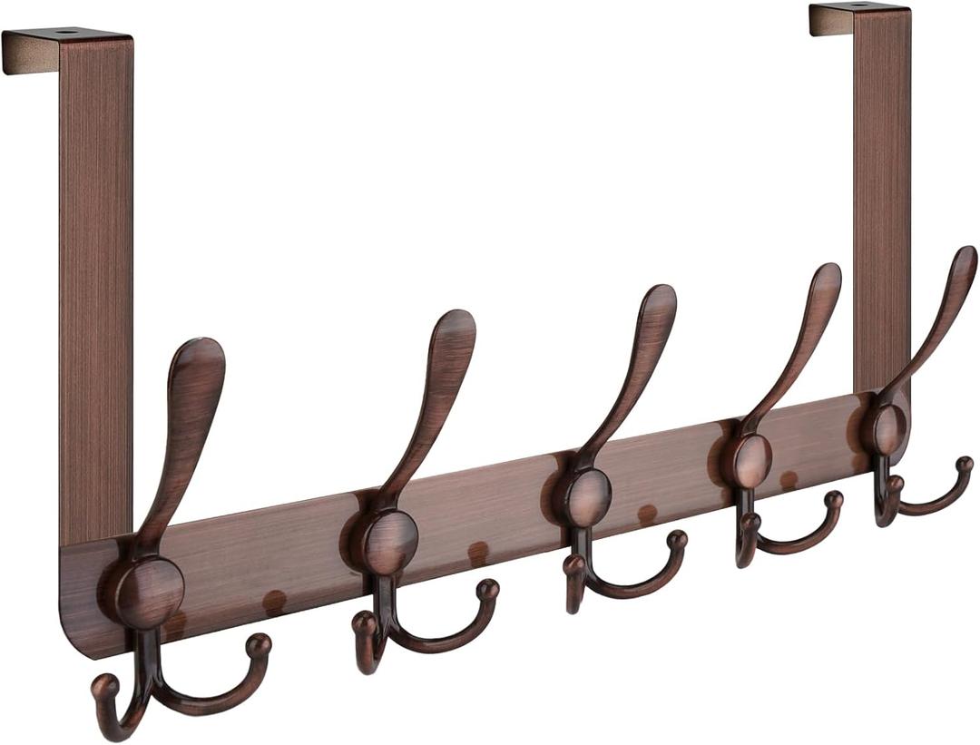 TICONN Over The Door Hooks, 5 Heavy Duty Tri Coat Rack All Metal Coat Hanger for Bathroom Bedroom Dorm (Antique Bronze, 1PK, Fit 1-3/8" Doors)