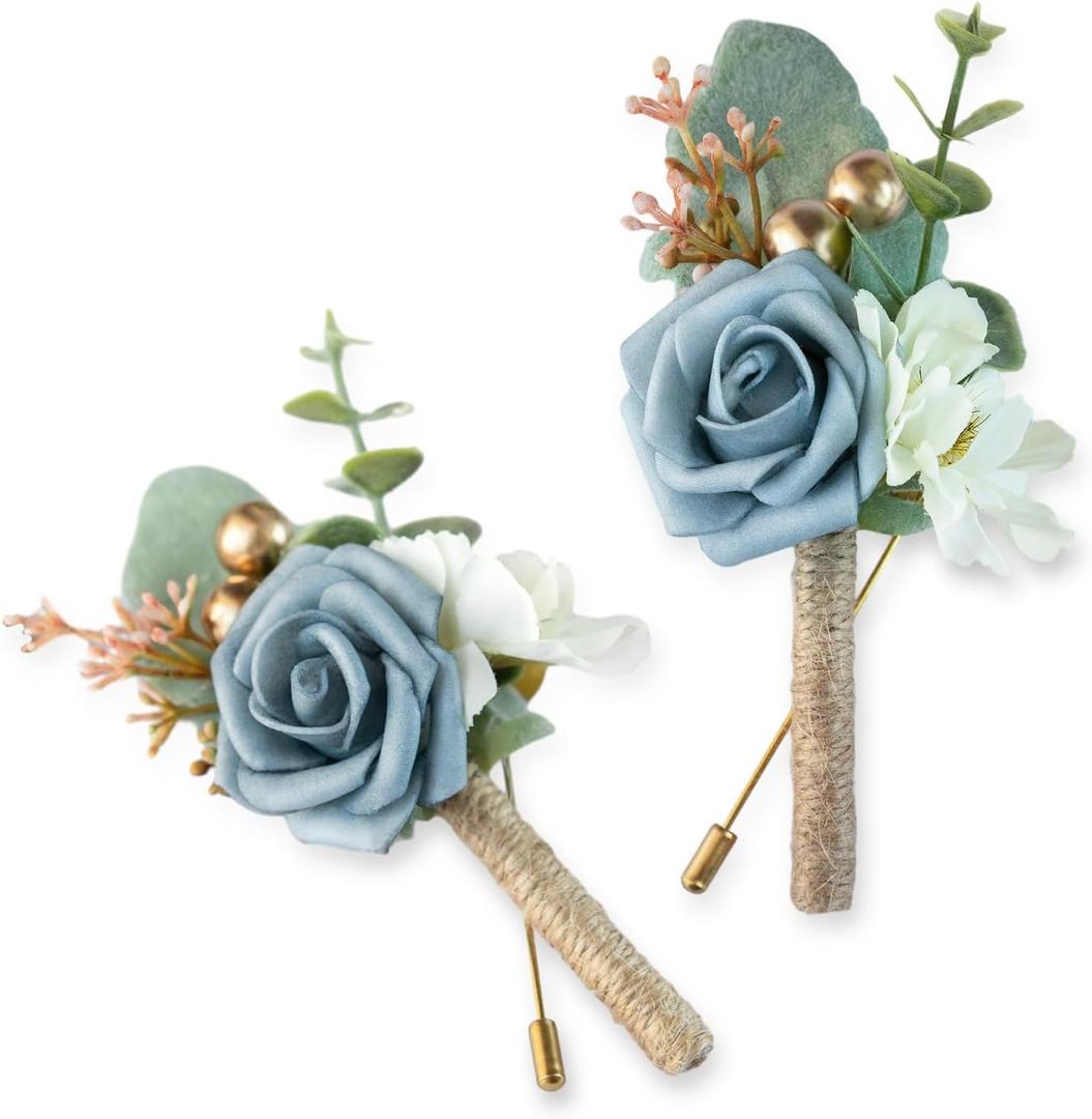 Boutonniere for Men Wedding, Groom Groomsman Artificial Rose Flowers for Wedding Anniversary Celebration,Prom,Party,Home Decoration Set of 2 (Dusty Blue)