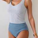 Eomenie Two Piece Tankini Swimsuits for Women Tummy Control Bathing Suits Cutout Back Swim Tank Top with High Waisted Bottom (Small, Blue and White Strip)