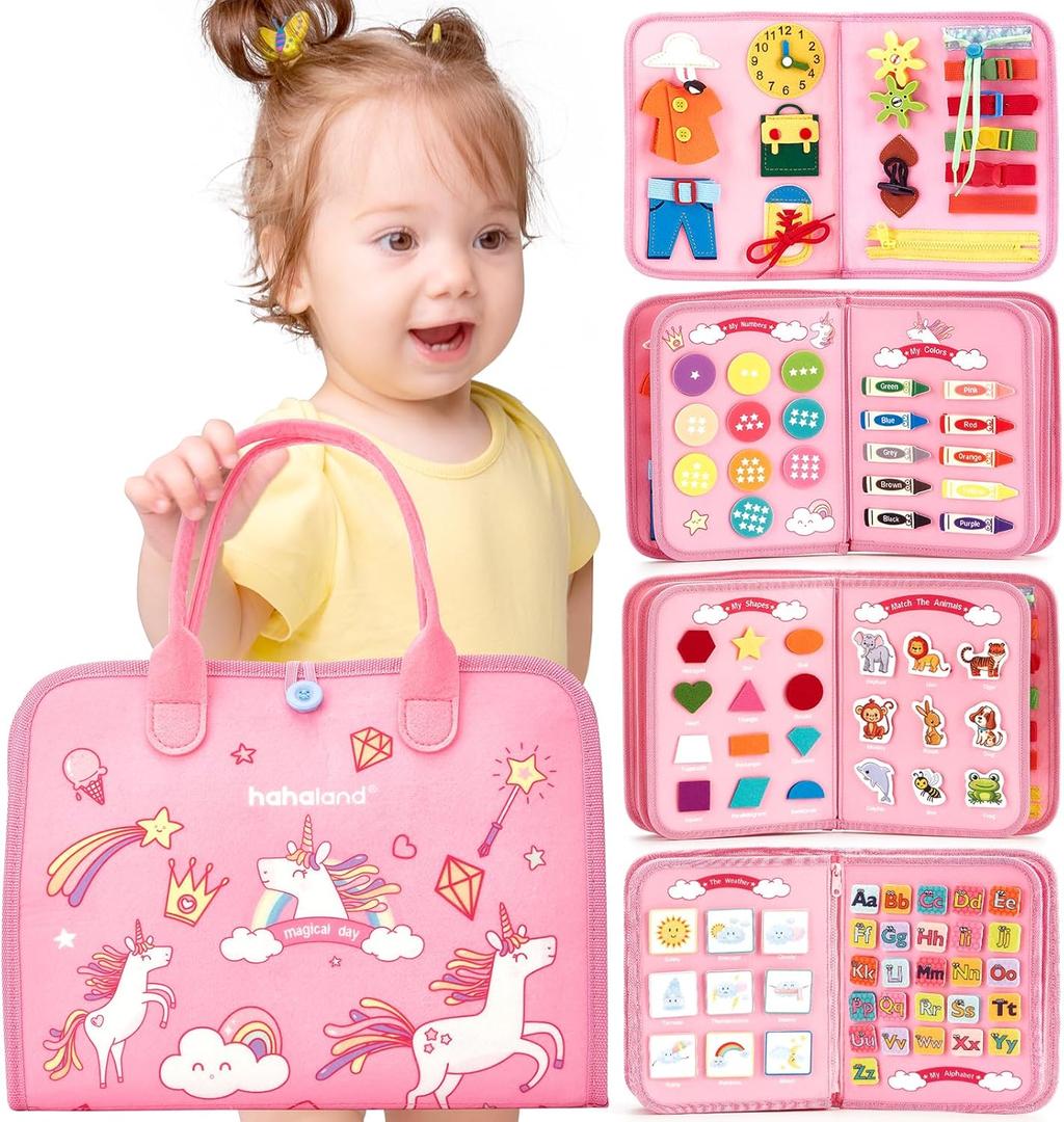 Hahaland Toddler Busy Board Montessori Toys for 3 Year Old Girl Gifts, Educational Learning Toys with Life Skills, Alphabet, Number, Shape, Color, Car Ride Airplane Travel Toy Toddlers Girls Busy Book