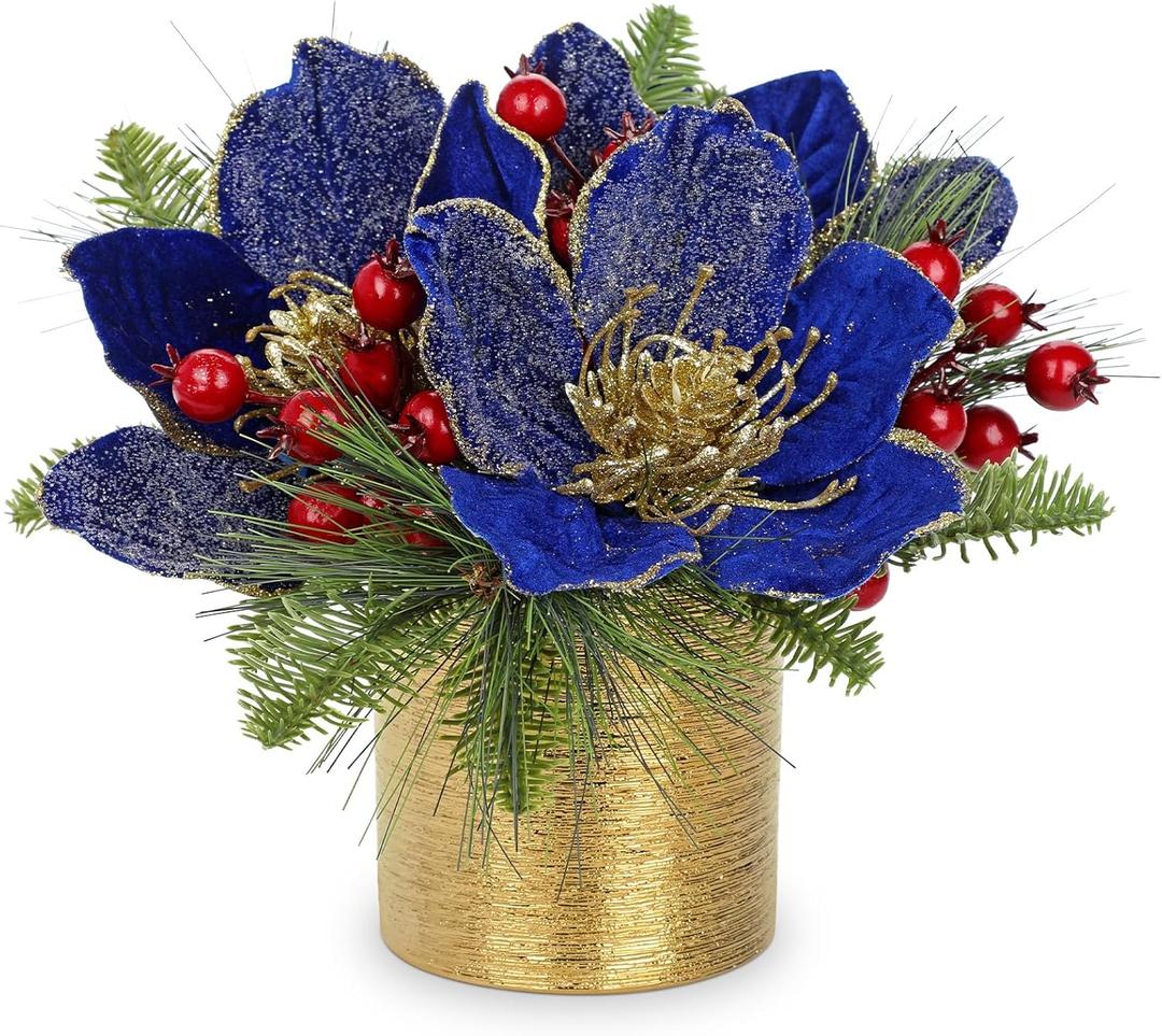 13 inch Blue Christmas Table Centerpiece 5" Glitter Magnolia Flower and Berries Fir Greenery Artificial Christmas Floral Centerpiece in Silver Ceramic Pot Tabletop Xmas Table Arrangement Decor