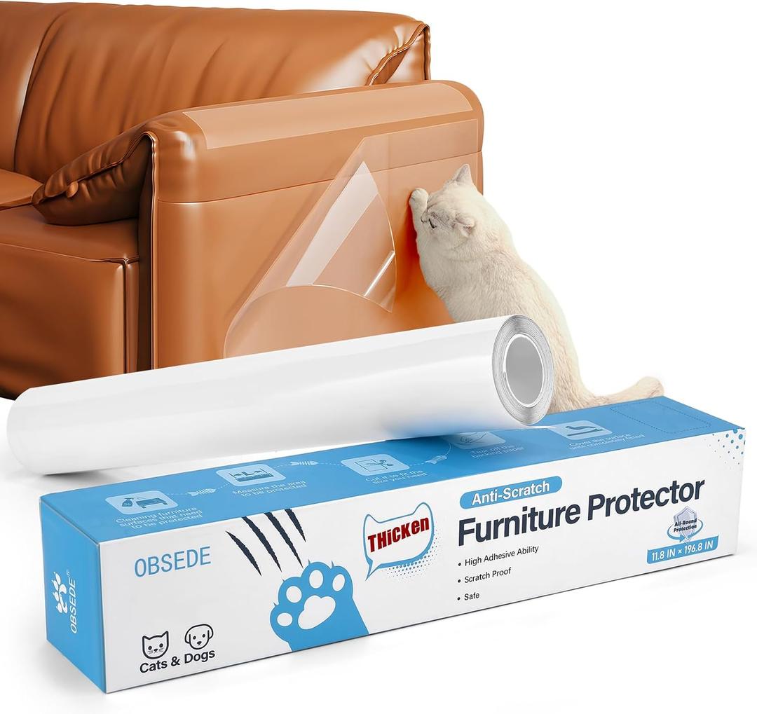 OBSEDE Cat Scratch Furniture Protector from Claws, Couch Corner Plastic Cover Adhesive Clear Flexible Sofa Guard Single Side Sticky Deterrent Training Tape Easy to Apply, 11.8 in  196.8 in