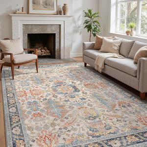 Area Rugs 8x10 Clearance Washable Boho Rug for Bedroom Living Room, Non Slip Thin Low Pile Chenille Carpet for Dining Room,Vintage Farmhouse, Teal/Multi