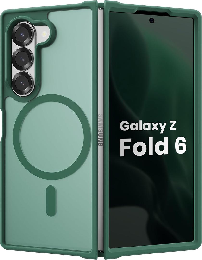 Magnetic Case for Samsung Galaxy Z fold 6 Case, Slim Translucent Matte Phone Cover with Shockproof TPU Frame & Scratch-Resistant PC Back, Strong Magnetic Ring, Pine Green