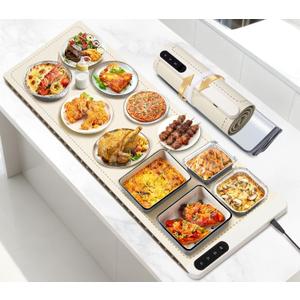 Extra Large Warming Mat for Food, (42"x15") Food Warming Mat with Countertop Insulation Pad, 6 Level Temperature & 6 Hours Timer, Silicone Food Heating Pad, Warming Trays for Buffets Party, Beige