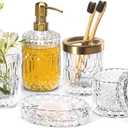 EMPO 6PCS Bathroom Clear Glass Accessories Set (Lotion Soap Dispenser, Soap Dish, Toothbrush Holder, Tumbler, Cotton Swab Jar), Contemporary Modern Decor Crystal Vintage Gift (6pcs Clear)