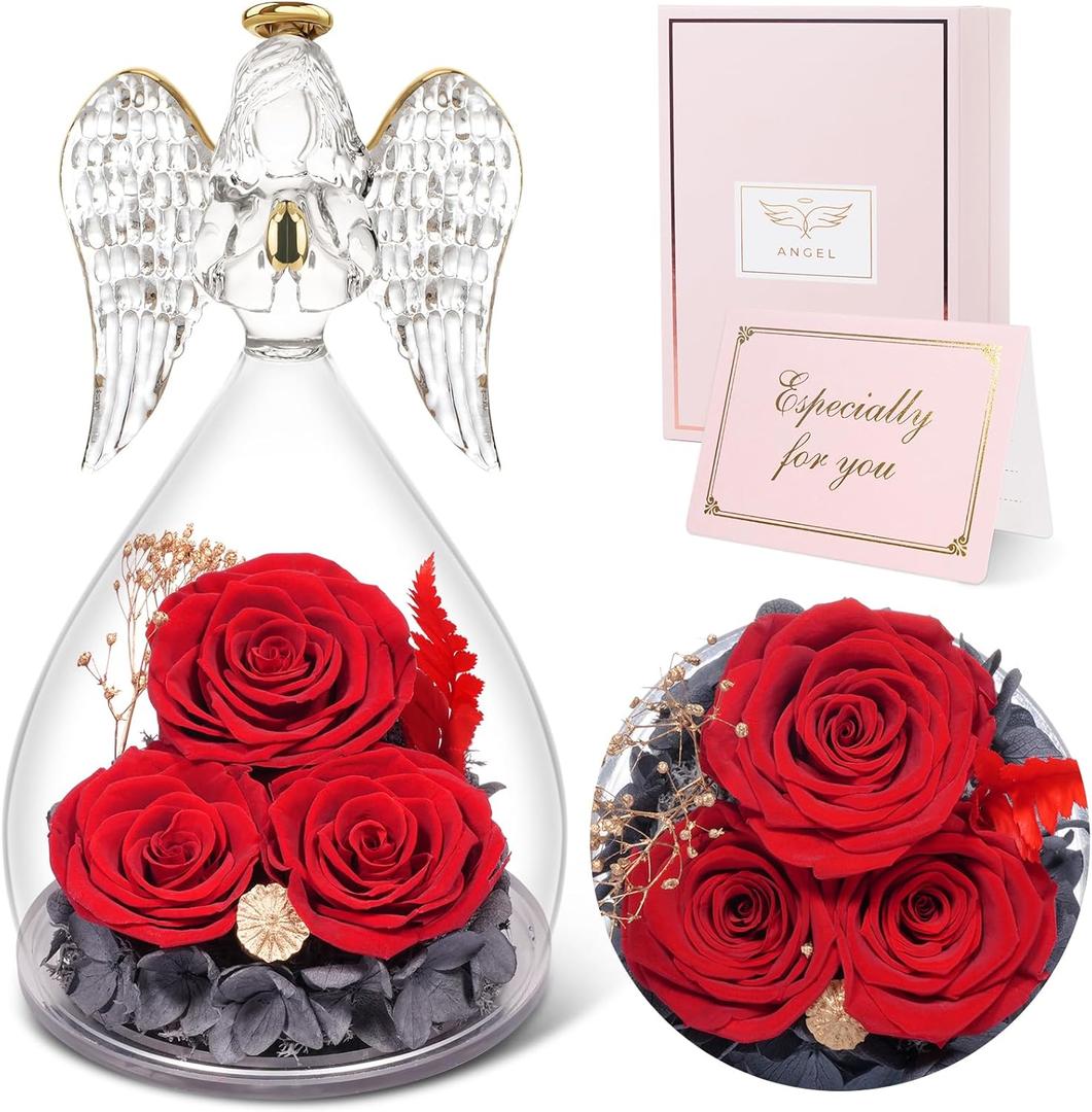 Sunia Preserved Flowers Rose Gifts for Mom, Birthday Gifts for Grandma Women, Glass Angel Figurines with Three Forever Real Roses, Fresh Flowers Gifts for Christmas Mother's Day Valentine (Red)