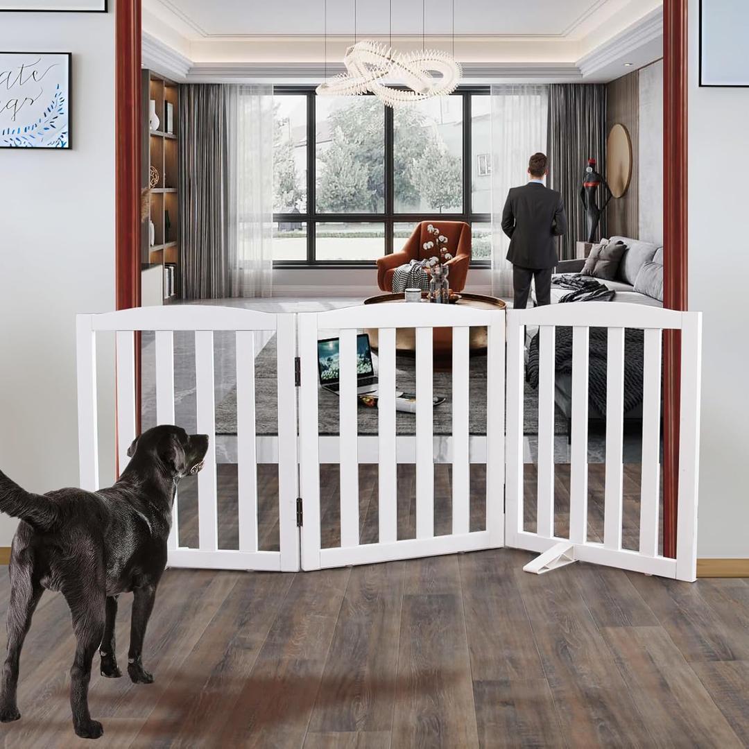 ZJSF Foldable Freestanding Indoor Dog Gate for House Wood White Long Pet Gates Dog Fence for Stairs Puppy Gates for Hallways,Dog Fence, Puppy Gate,Support Feet Included 24 "Height-3 Panels (3 Panels60W x 24''H)