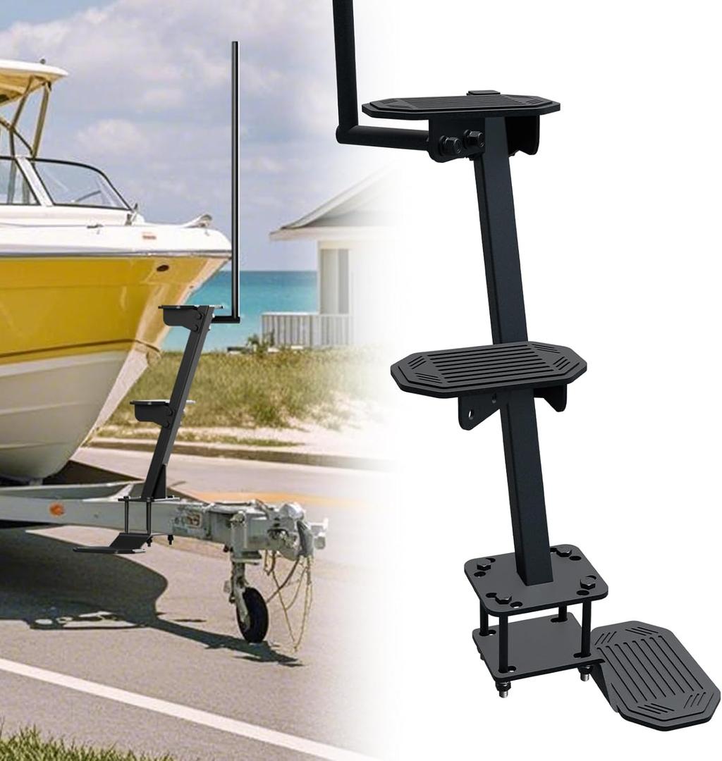 Heavy Duty Boat Trailer Steps for Tongue, 450lbs Capacity Boat Trailer Steps with Long Handrail, Universal Fit Boat Steps for Trailer with 3 Mounting Angle Options, Anti-Rust, Anti-Corrosion Non-Slip