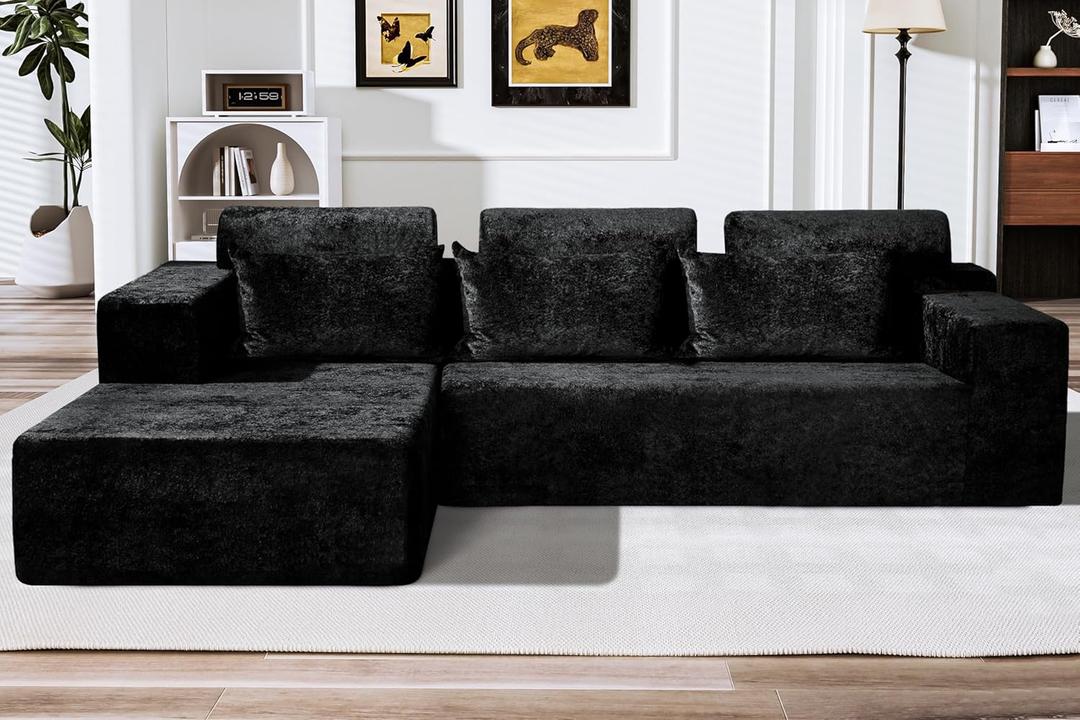 HABUTWAY 105" L-Shape Modular Sectional Sofa Couch for Living Room,No Assembly Required,Modular Comfy Sofa with Deep Seat for Living Room Bedroom,Luxury Distressed Velvet(Left,Black)