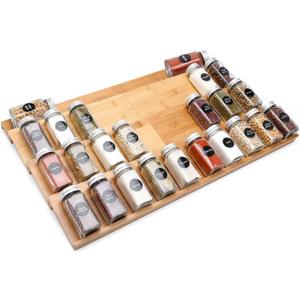 Bamboo Spice Drawer Organizer, 4 Tier In Drawer Spices Rack for Cabinet Drawer Expandable From 13" to 26", Stackable Seasoning Storage Organizer Insert