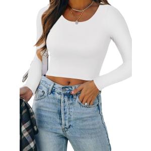 REORIA Women's Basic Casual Long Sleeve Crew Neck Double Lined Tight T Shirts Crop Tops Basic Tee Tops (Large)