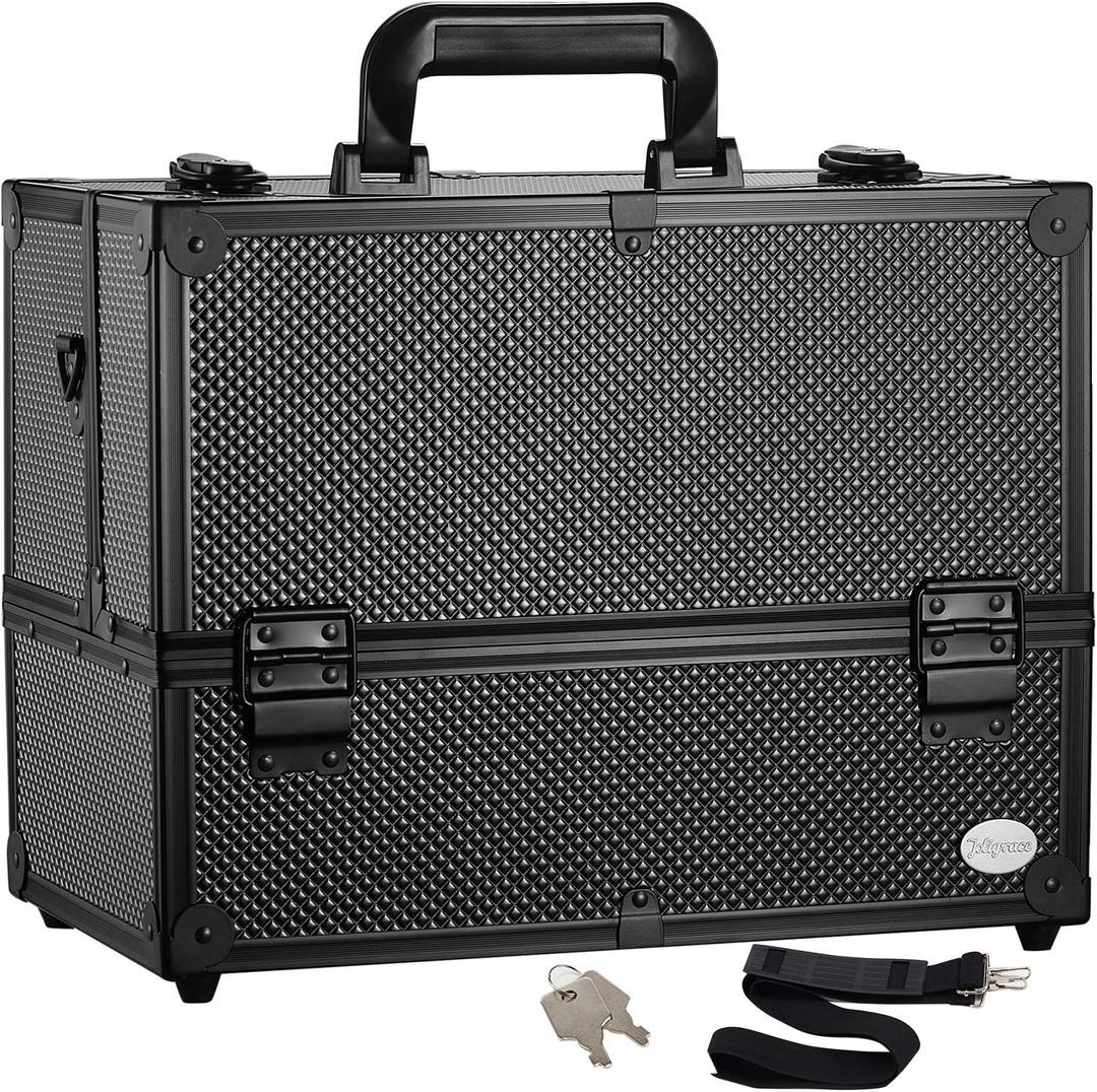 Joligrace Makeup Train Case Professional Adjustable - 6 Trays Cosmetic Cases Makeup Storage Organizer Box with Lock and Compartments 14 Inch Large Black
