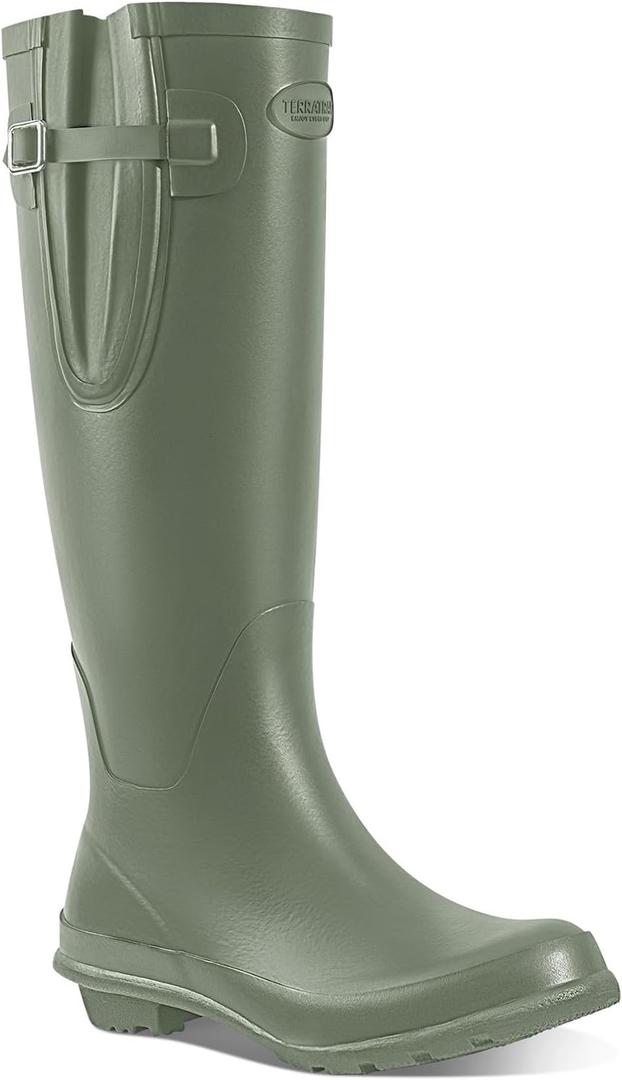Women's Tall Knee High Rain Boots - Waterproof Natural Rubber Wellies, Adjustable 17" Wide Calf, Anti-Slip Sole & Arch Support for Rain, Mud & Garden (6, Olive Green)