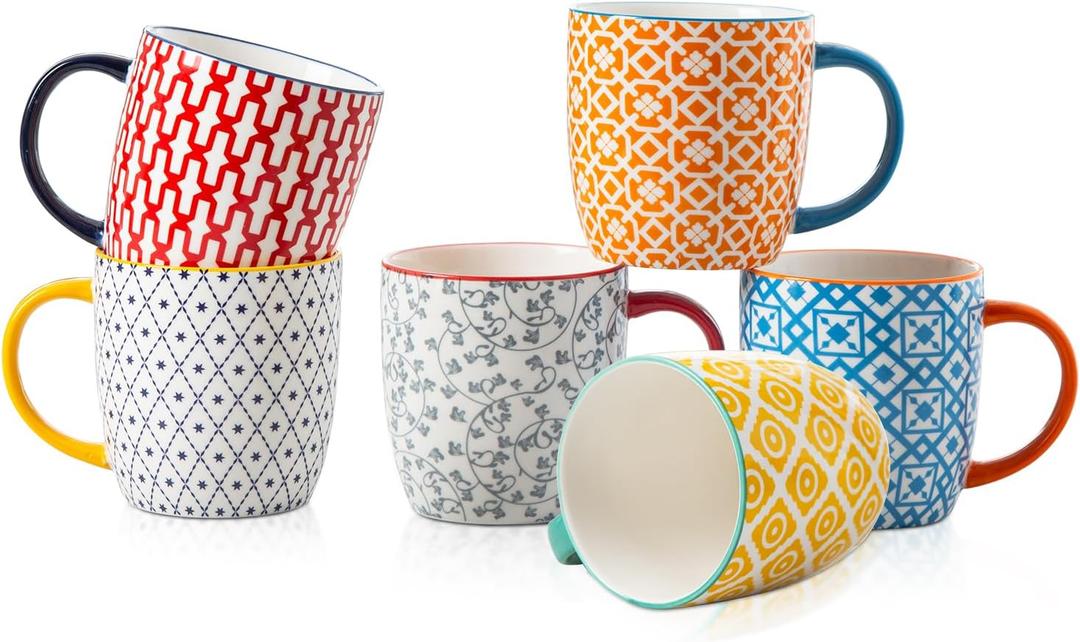 Ceramic Coffee Mugs Set - 10 Oz Large Porcelain Tea Cups with Handle for Cappuccino Latte Cocoa Milk Tea - Christmas Housewarming Gift - Microwave Dishwasher Safe - Set of 6 - Assorted Colors