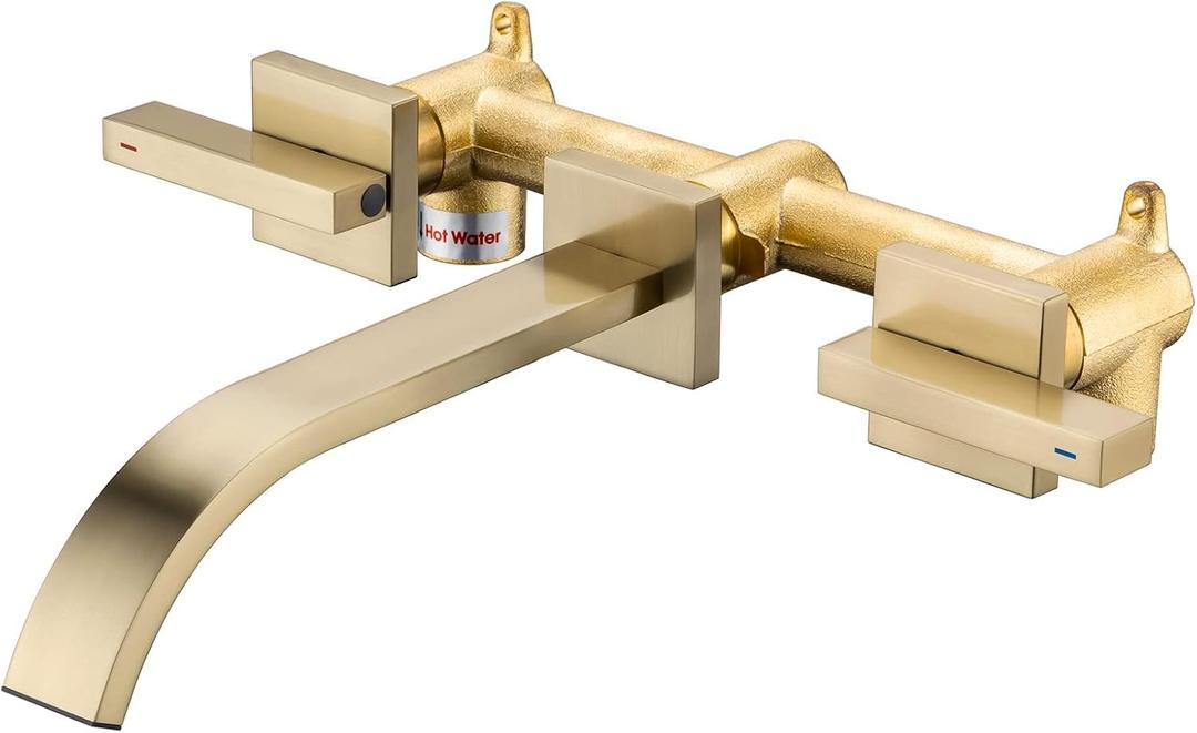 Brass Wall Faucet Brushed Gold Wall Mounted Bathroom Faucet, Wall Mount Bathroom Sink Faucet, Dual Lever Handle, Rough-in Valve Included, Pt001-BG (Brushed Gold)