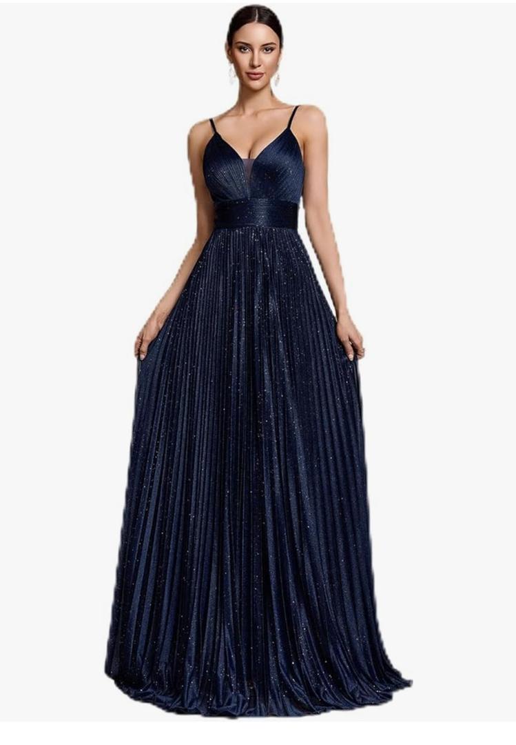 Sexy Backless Maxi Formal Dress for Women with Sequin, Sleeveless Pleated Evening Gowns for Wedding and Cocktail, L