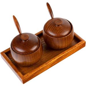 2 Pcs Wood Condiment Pot Spice Jars, Natural Wooden Sugar Bowl Pepper Seasoning Container Condiment Pot with Lid, Spoon and Tray for Herbs Salt Pepper Spices