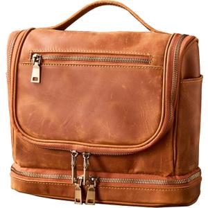 EURYNOME Travel Toiletry Bag For Men, Genuine Leather Shaving Dopp Kit Bottom Storage Holds More (11x8.6x4.7)-Mens Toiletry Bag -Leather Makeup Cosmetic Organizer Kit - Men Travel Toiletries Bag