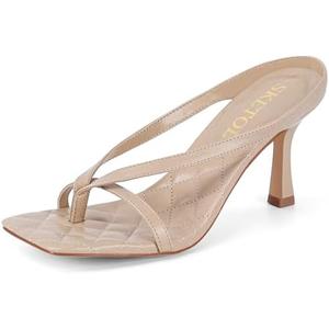 SKETOE Kitten Heels for Women Square Toe Sandals Flip Flop Heels Thong Sandals Comfortable Summer 2 Inch Heels Sandals (Size 9, Taupe)
