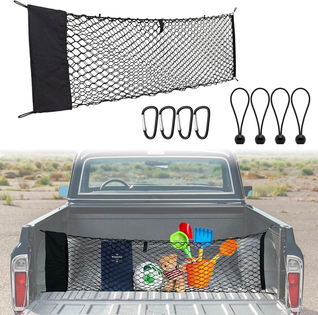 Kaskawise Truck Bed Cargo Net, Envelope Style Pickup Organizer with Storage Bag, Fits Chevy Silverado, GMC Sierra, Ford F-150, RAM, 51.1" x 17.7" Elastic Truck Netting for Groceries & Gear
