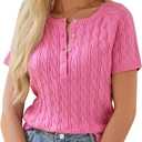 YKR Women's Short Sleeve Cable Knit Textured Henley Shirt Casual Summer Crew Neck Button Down Sweater (Pink, Large)