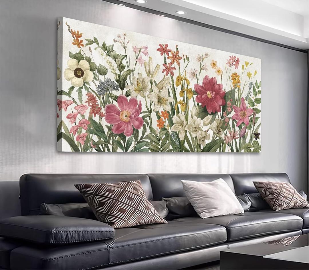 arteWOODS Botanical Canvas Wall Art - Flowers Pictures Wall Decor Wildflowers Plants Painting Artwork Red Beige Blooming Floral Prints for Living Room Bedroom Office Home Decor Ready to Hang 40 x 20in