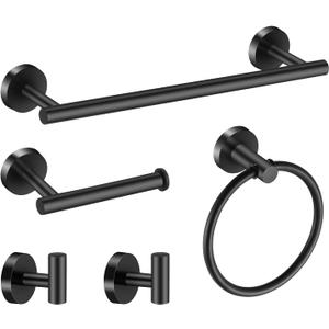 Towel Bar Set Mattel Black, Bathroom Accessories Set 5pcs Including 16'' Tower Bar, Towel Ring and 2 PCS Towel Hooks (Black-5pcs-16inch)