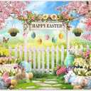 ZTHMOE Fabric 7x5ft Happy Easter Photography Backdrop Rabbit Colorful Eggs Floral Garden Background Kids Newborn Party Decoration Festival Photo Banner Booth