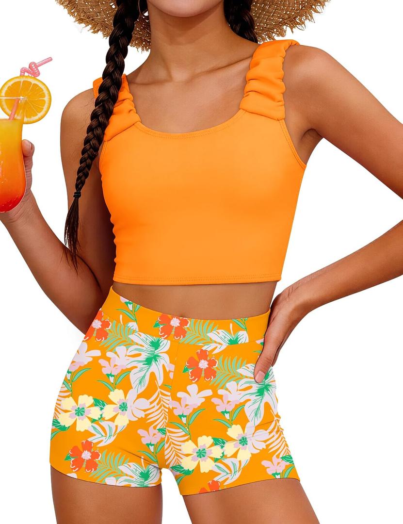 GEMLON Girls Tankini Swimsuit Solid Tank Top with Tropical Printed Shorts 2 Piece Girls Bathing Suits Size 15-16Y (Orange)