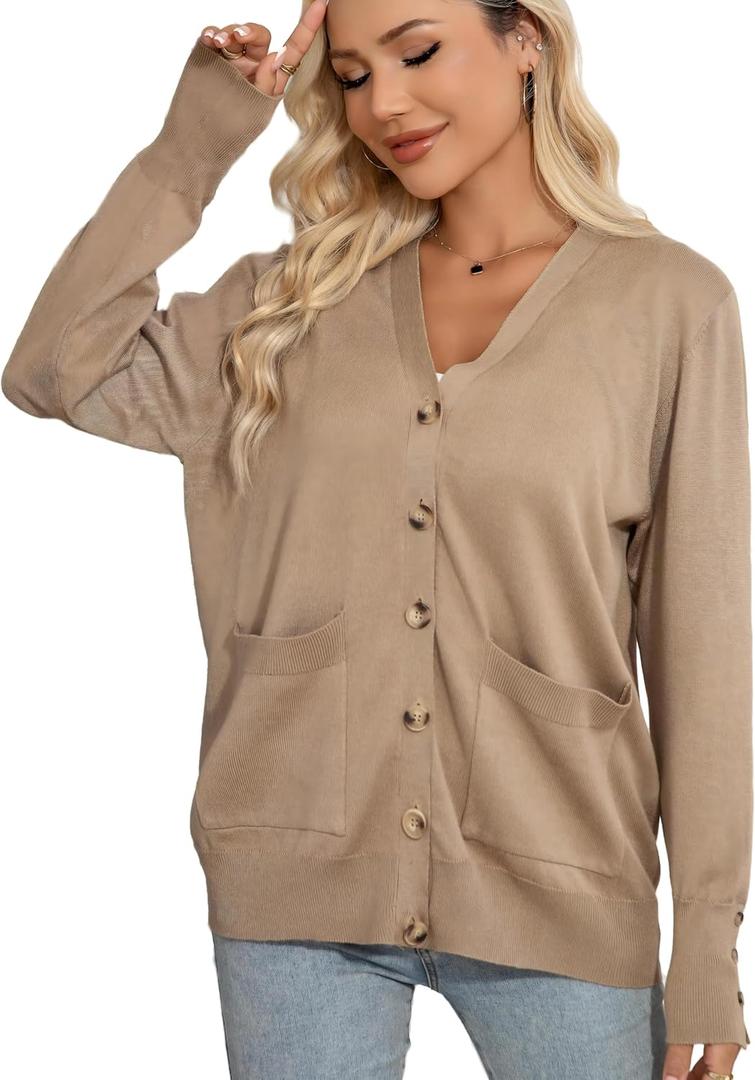 CHUANGDA Women Fall Long Sleeve Cable Knit Sweater Button Open Front Cardigan Loose Outerwear Coat with Pockets (Brown, S)