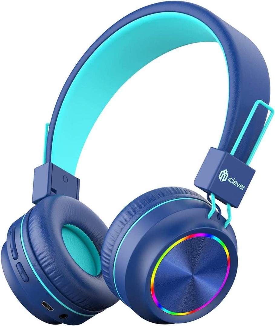iClever BTH03 Kids Bluetooth Headphones, Colorful LED Lights, 35H Playtime, Bluetooth 5.4, Type C Fast Charging, Safe Volume, Stereo Sound Mic, On Ear Kids Wireless Headphones for iPad Airplane, Blue (Blue)