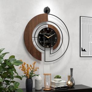 Modern Walnut Marble Dial Wall Clock, Large Wood Metal Frame Silent Non Ticking Wall Clocks for Living Room, Bedroom Decoration, Contemporary Home Wall Decor Gift Idea, 26.4 in