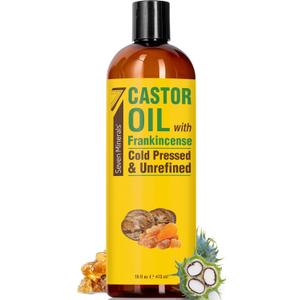Seven Minerals Cold Pressed Castor Oil with Frankincense - 16 fl oz Bottle - Unrefined & Hexane Free - Hair Growth, Thicker Eyelashes & Eyebrows, Dry Skin Care, Joint and Muscle Relief (Pack of 1)