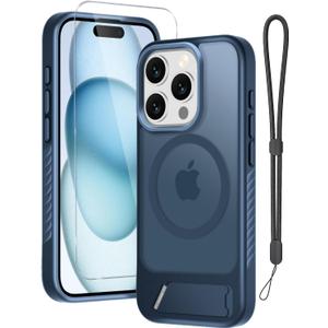 for iPhone 15 Pro Case with Screen Protector+Lanyard Wrist Strap,Magnetic Translucent Matte Rugged Slim Phone Cover Built in Invisible Kickstand [Fit for MagSafe],Navy Blue