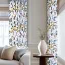 Mid Century Linen Pinch Pleat Sheer Botanical Printed Curtains 96 Inches Long for Living Room Bedroom Vintage Floral Lemon Hummingbird Colorful Drapes 2 Panels Blue Yellow on White