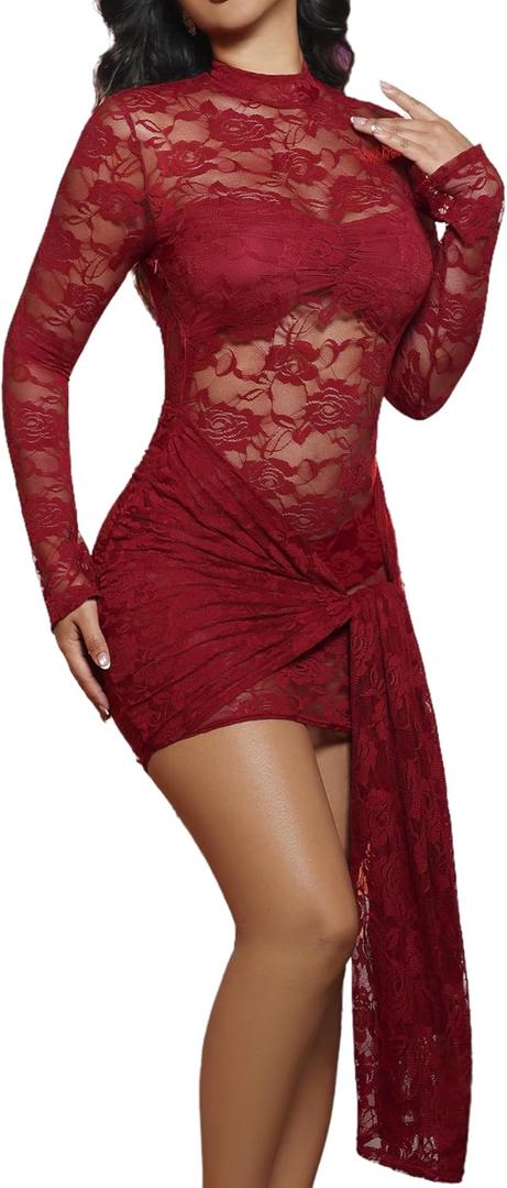 acelyn Womens Sexy Floral Lace Bodycon Mini Dress Long Sleeve Mock Neck Cocktail Party Birthday Club Dress (Red, L)