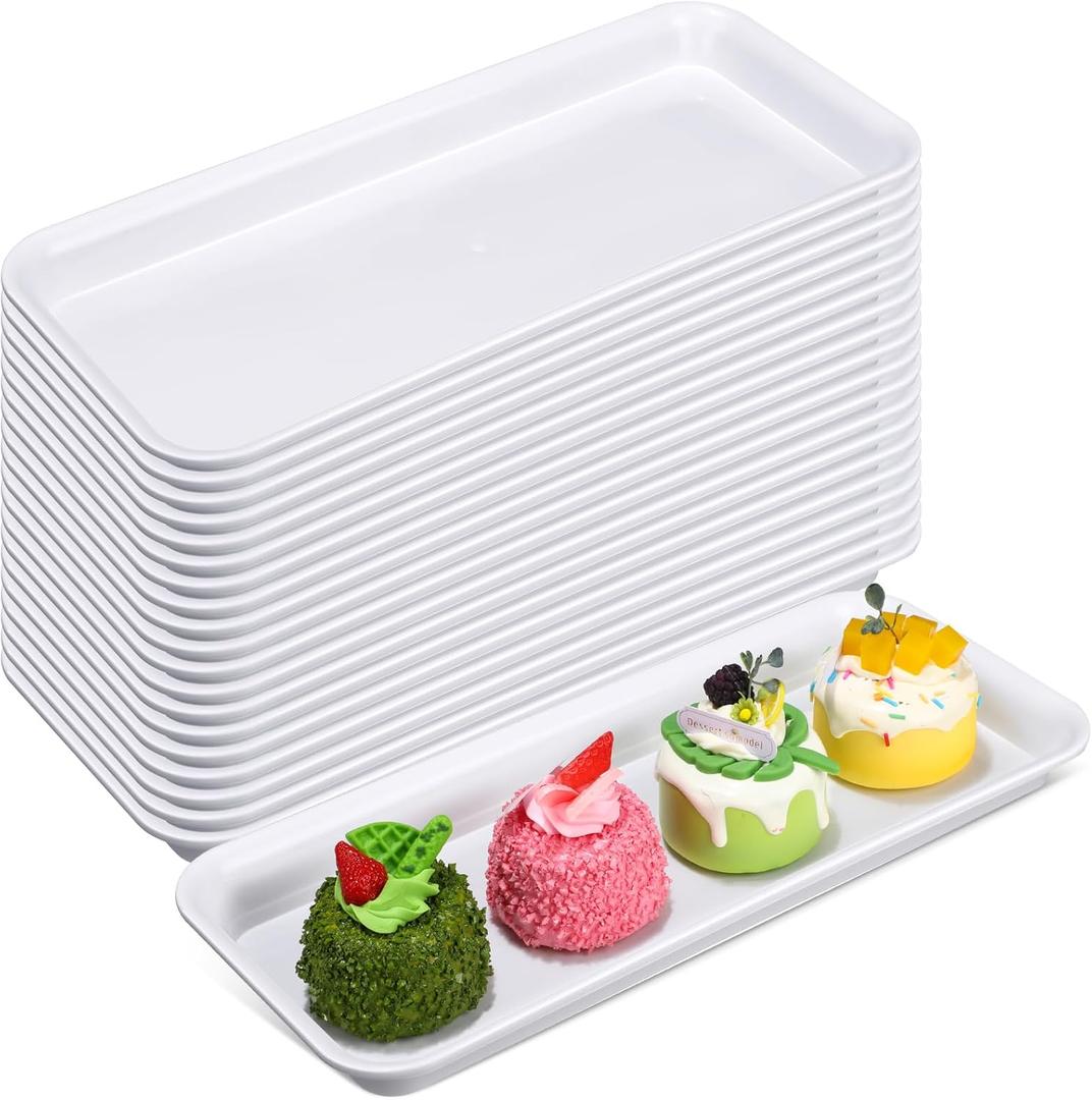 Ziliny 20 Pcs Serving Platters 14 x 6 Inch Rectangle Serving Trays Reusable Food Tray Dishes Dessert Trays Plastic Plates for Wedding Home Table Thanksgiving Christmas Party(White)