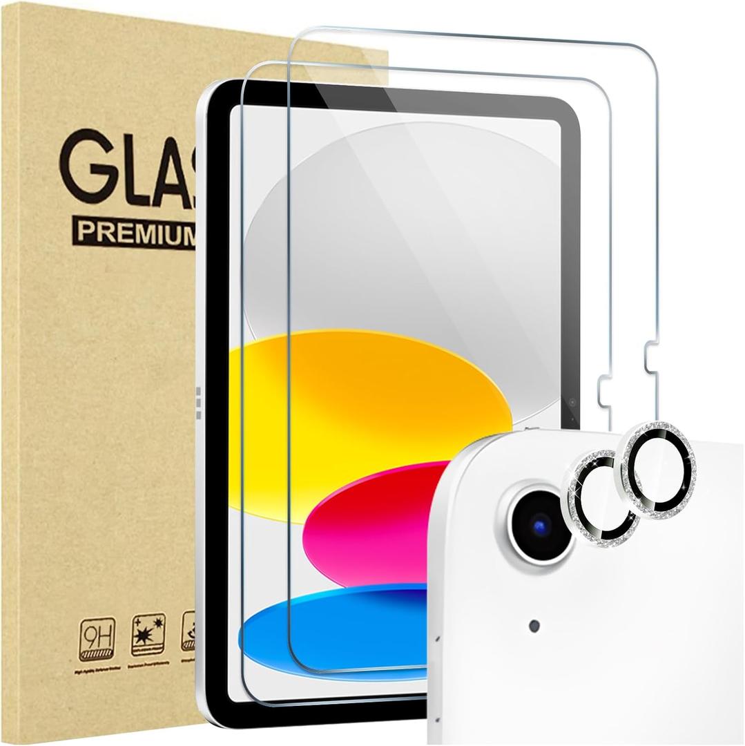 ProCase Screen Protector for iPad A16 2025 11th/10th 2022 Generation (11-inch/10.9), 2 Tempered Glass Films with 2 Camera Lens Protectors -Glitter Silver