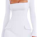 DAAWENXI Women's Long Sleeve Mini Dress Square Neck Halter A Line Party Club Short Dresses with Pocket (White, S)